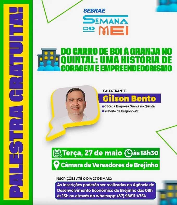 Semana do MEI em Brejinho terá o prefeito Gilson Bento como palestrante
