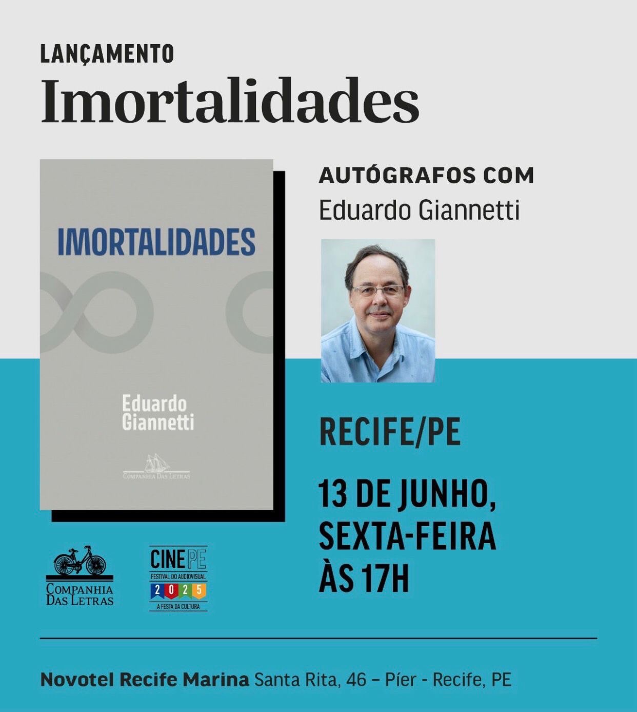 O mineiro Eduardo Giannetti lança seu último livro – “Imortalidades”, no Recife